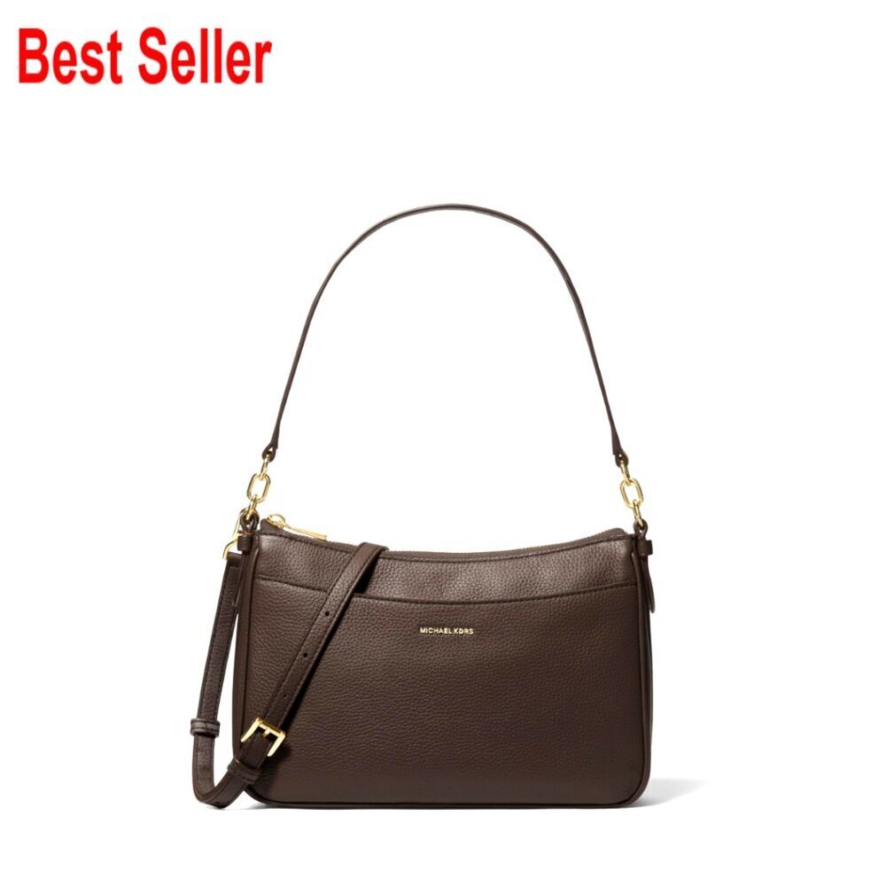 Pebbled Leather Crossbody Bag with Gold-Tone Hardware, Top Zip Closure